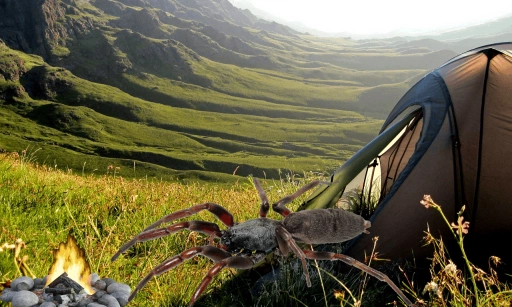 Spider next to a tent by a campfire